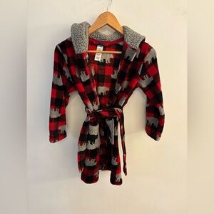Pekkle Kids Plaid Pajama Robe w Bear Pattern, Size 7/8, Warm Cozy w Waist tie